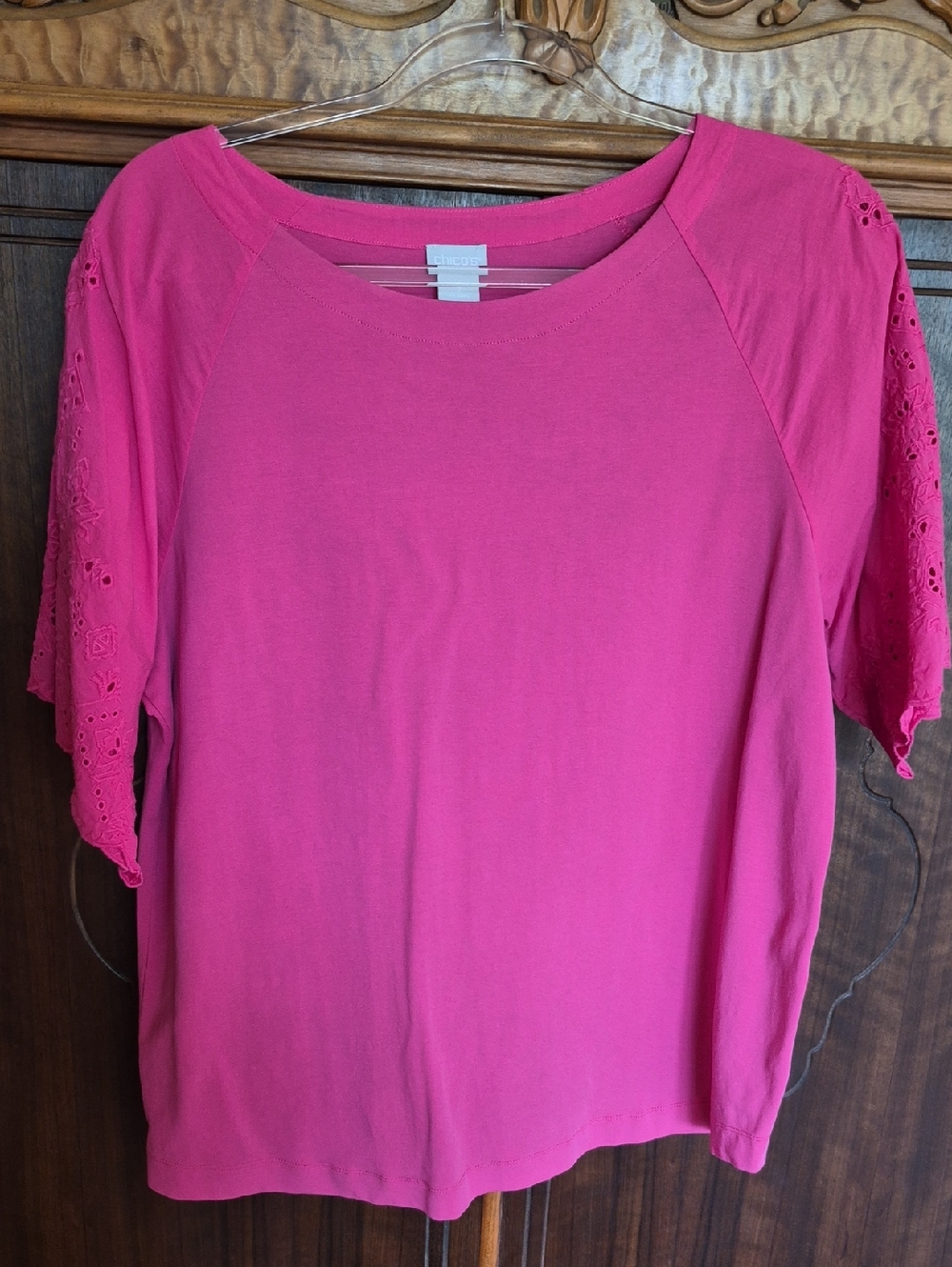 Chico's Bright Pink Knit Tee with Eyelet Short Sleeves